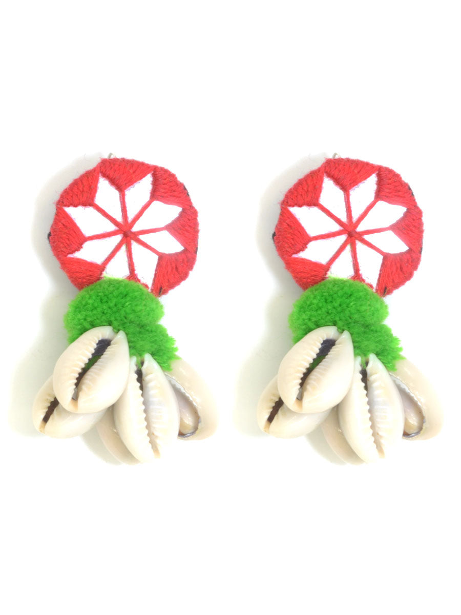 Zoya Pom-pom Shell Earrings, a chic hand embroidered shell earrings with mirror and pom pom detailing from our designer collection of earrings for women.