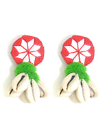 Zoya Pom-pom Shell Earrings, a chic hand embroidered shell earrings with mirror and pom pom detailing from our designer collection of earrings for women.
