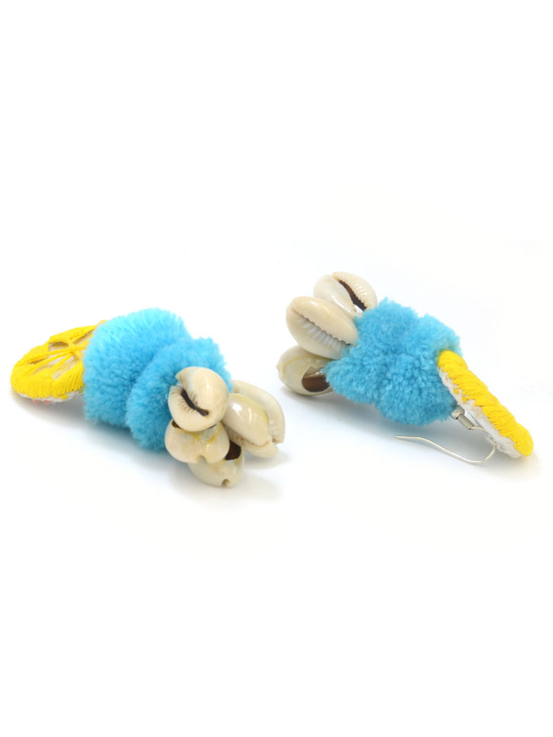 Zoya Pom-pom Shell Earrings, a chic hand embroidered shell earrings with mirror and pom pom detailing from our quirky designer collection of earrings for women online.