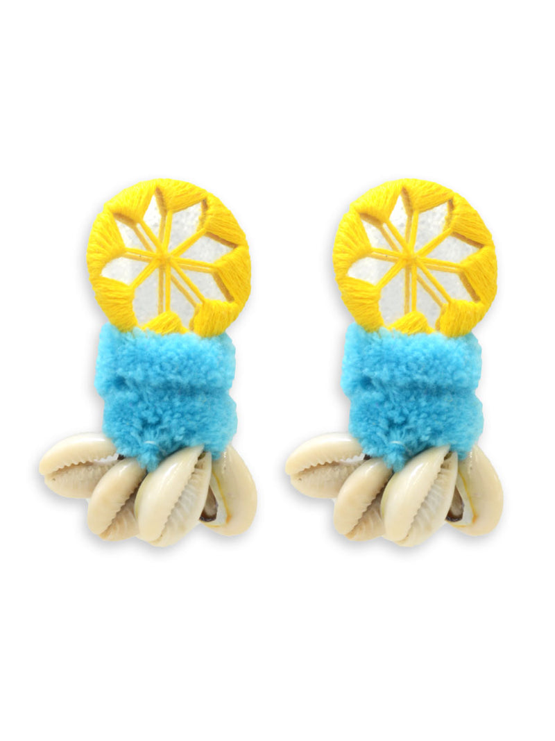 Zoya Pom-pom Shell Earrings, a chic hand embroidered shell earrings with mirror and pom pom detailing from our designer collection of earrings for women.