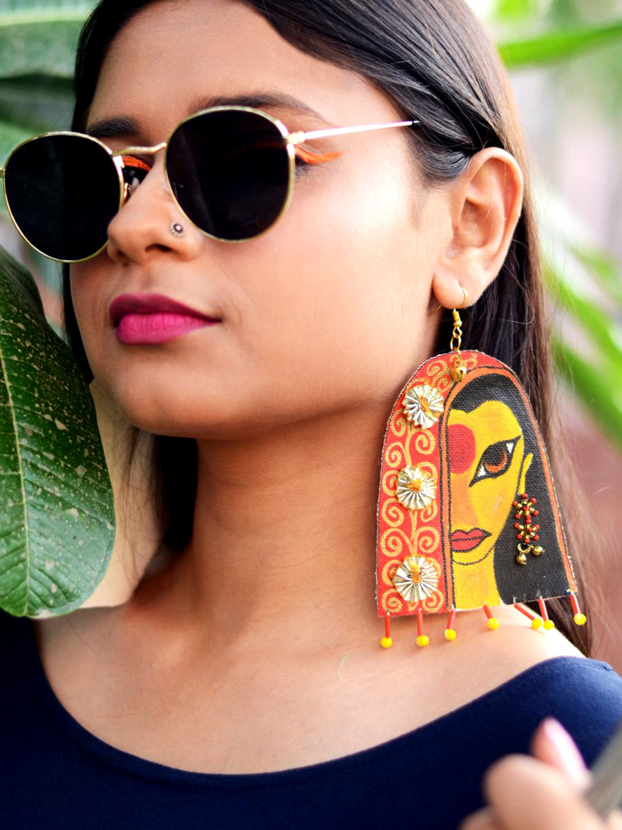 Awwrat Handpainted Earrings, a quirky, statement hand painted earrings with beads, gota and sequins from our designer collection of earrings for women online.
