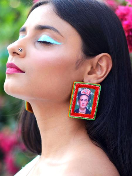 Fearless Frida Earrings, a beautifully hand-embroidered earring from our designer collection of quirky, boho, Kundan and tassel earrings for women online.