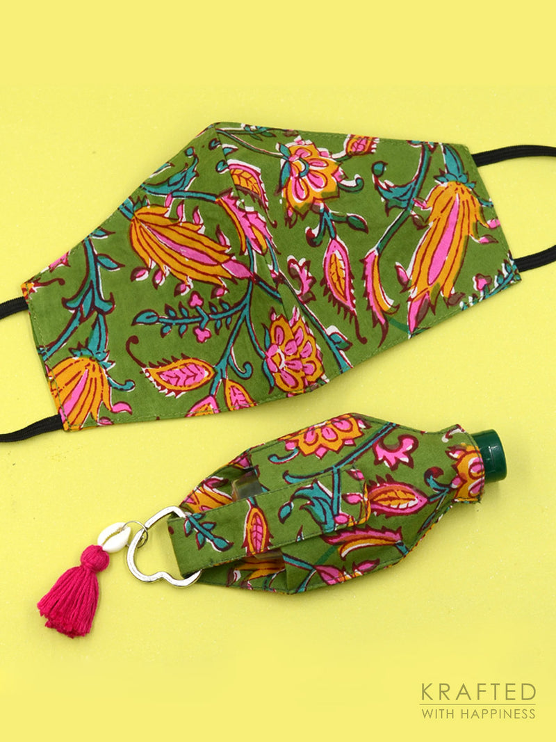 Cotton Printed 3-Ply Mask + Sanitizer Holder Bagcharm Set