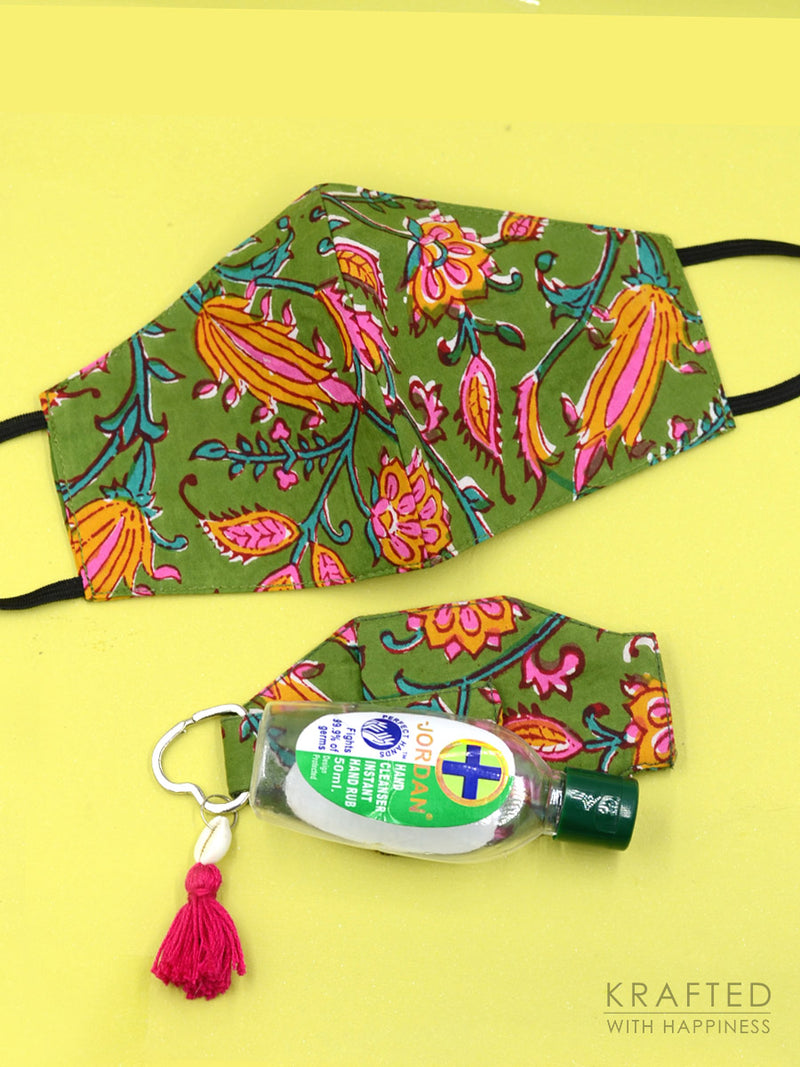 Cotton Printed 3-Ply Mask + Sanitizer Holder Bagcharm Set