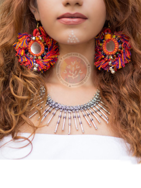 Tiny You're my Sun Earrings, a beautiful handmade hand embroidered earring with mirror and tassel from our designer collection of earrings for women.