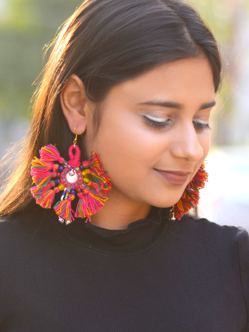 Tiny You're my Sun Earrings, a beautiful handmade hand embroidered earring with mirror and tassel from our designer collection of earrings for women online.