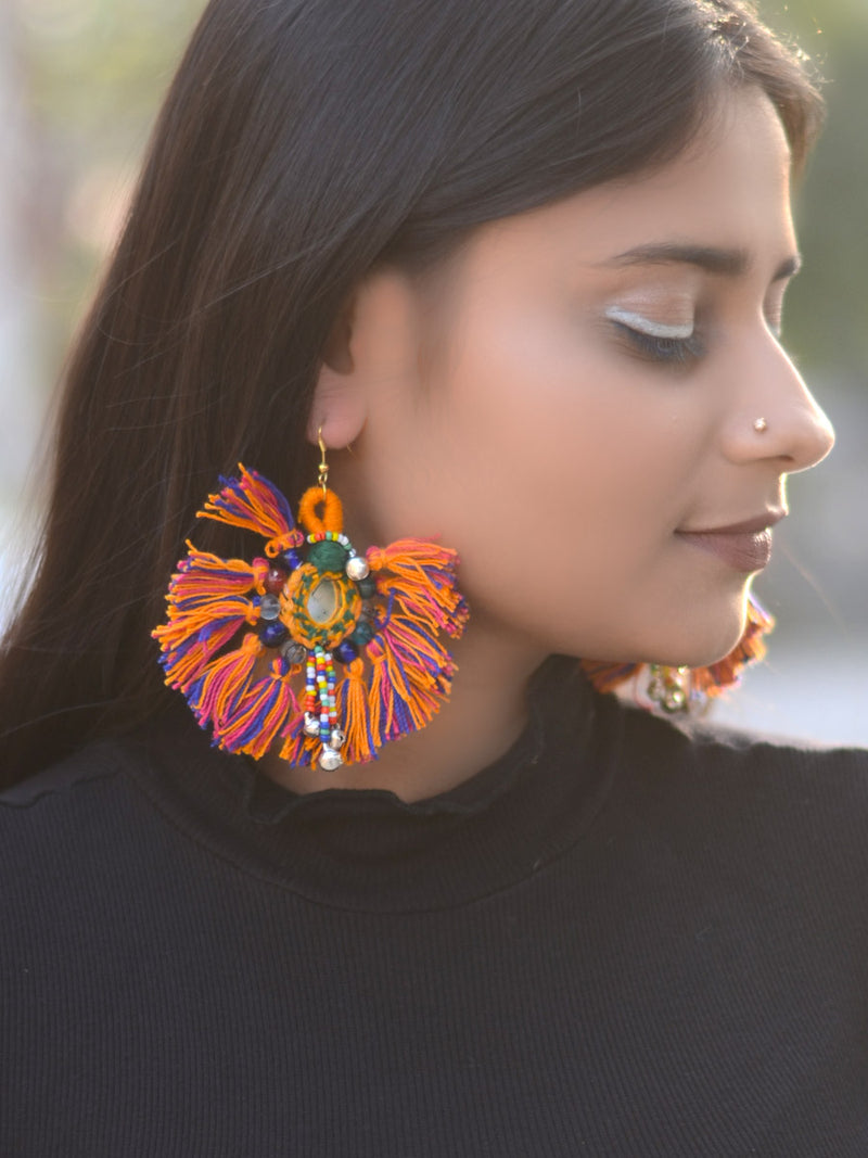 Tiny You're my Sun Earrings, a beautiful handmade hand embroidered earring with mirror and tassel from our designer collection of earrings for women online.